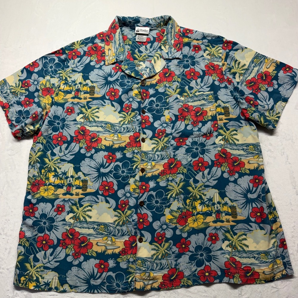Disney Parks Mickey Mouse Hawaiian Shirt Mens XL Rayon Tropical Surf Tiki Aloha
